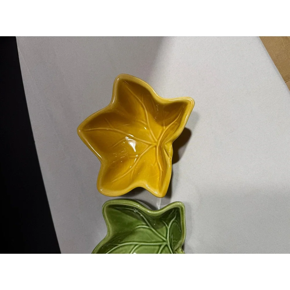 Set of 3 Ceramic Ivy Leaf Dipping Bowls Yellow Green Cream Autumn Harvest Decor